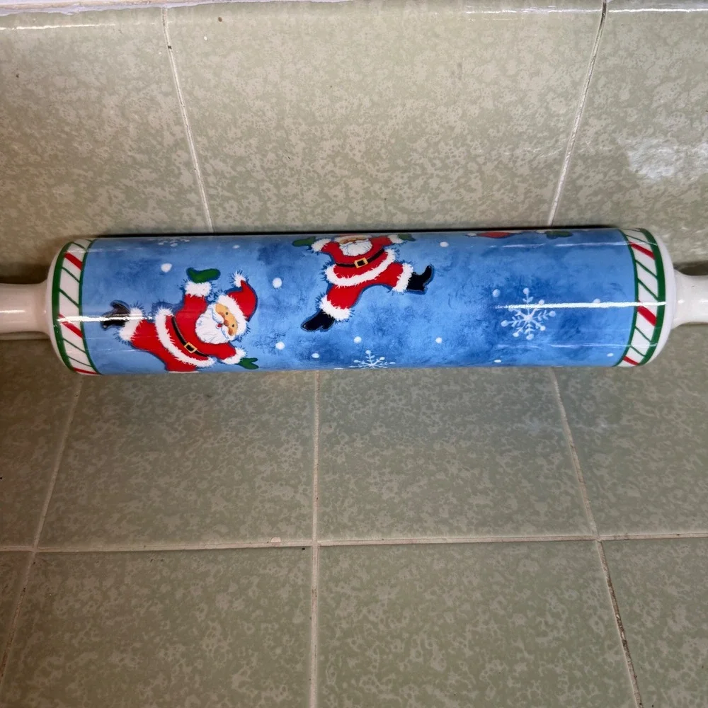 CounterArt Ceramic Rolling Pin Christmas Dancing Santa Blue Holiday Kitchenware
